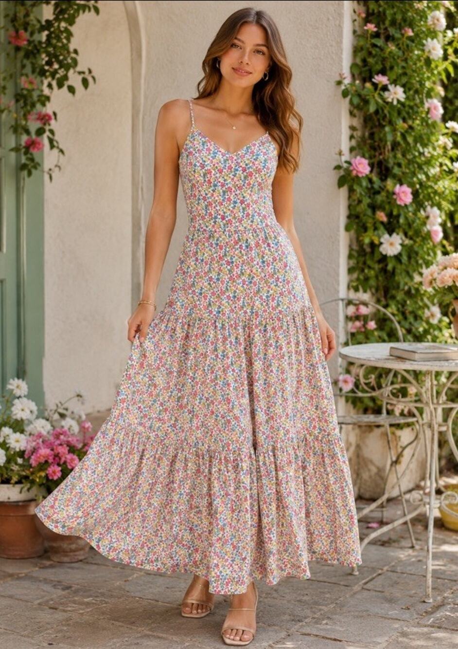 Monteau Los Angeles Floral Printed Maxi Dress Sz M Adjustable Straps Tiered
